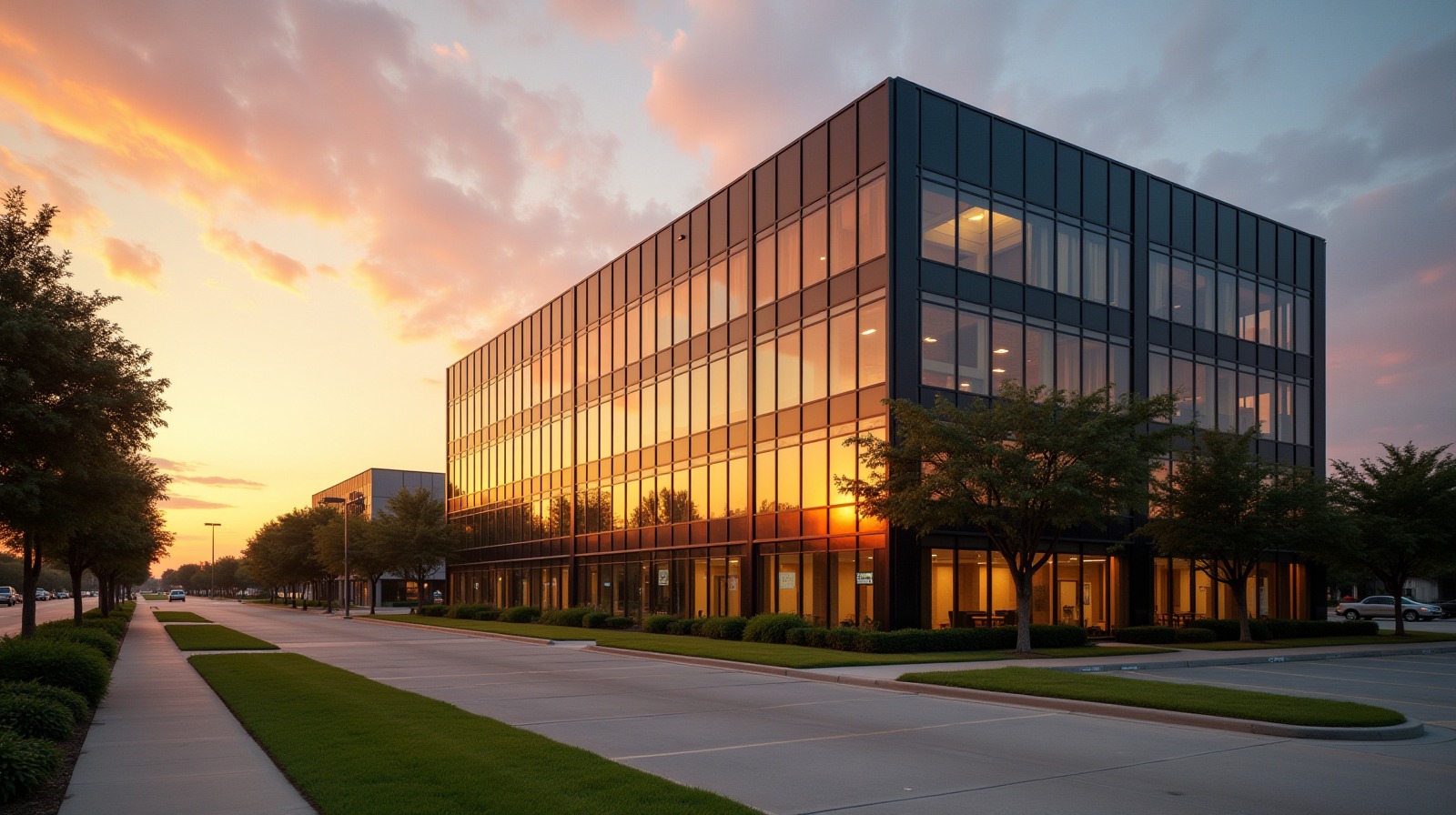 Glass-curtain-wall office building exterior in Addison TX commercial corridor at golden hour