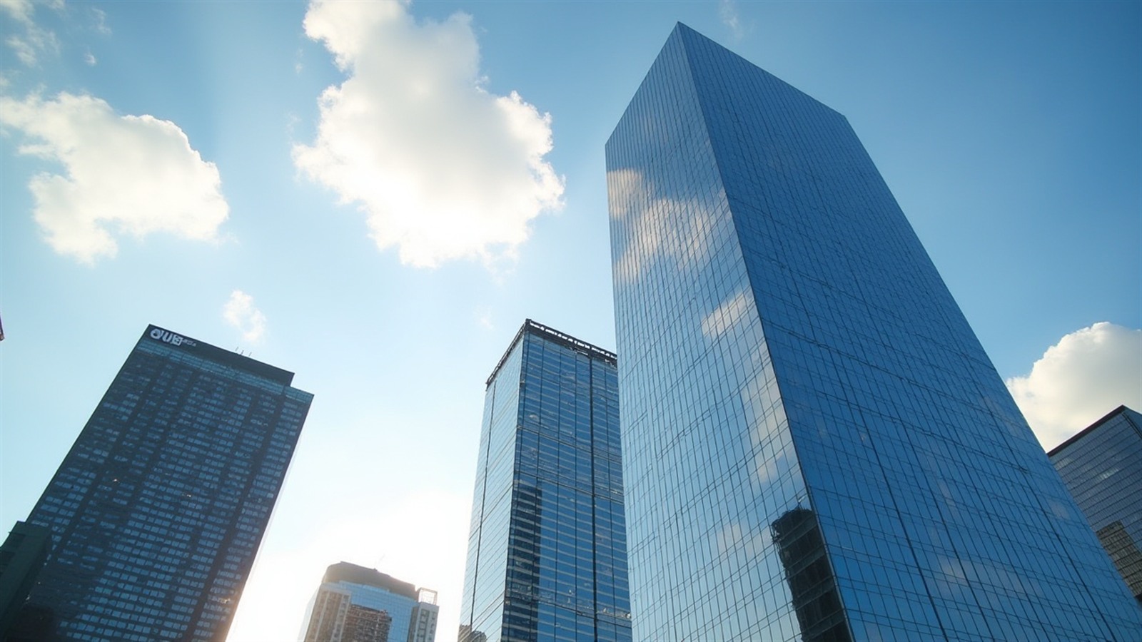 Glass curtain-wall office towers rising above the Dallas commercial real estate district under blue sky